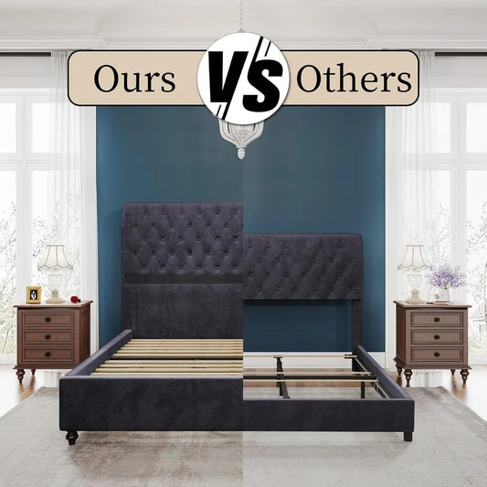 King Size Upholstered Bed Frame with 52.8" Tufted Headboard – Velvet Fabric, No Box Spring Needed, Squeak-Resistant, Dark Grey