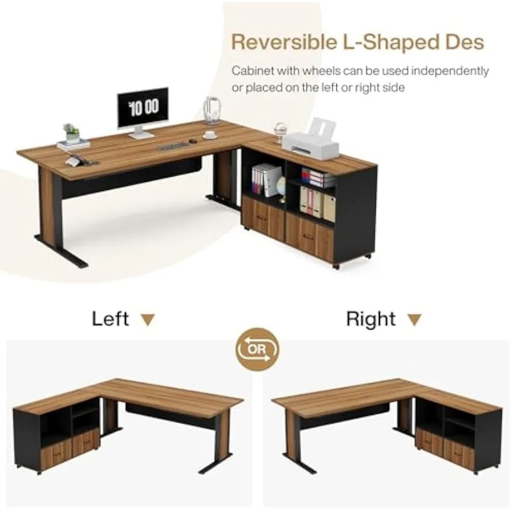 63" L-Shaped Executive Computer Desk with File Cabinet – Retro Office Workstation with Reversible Design & Storage Drawers