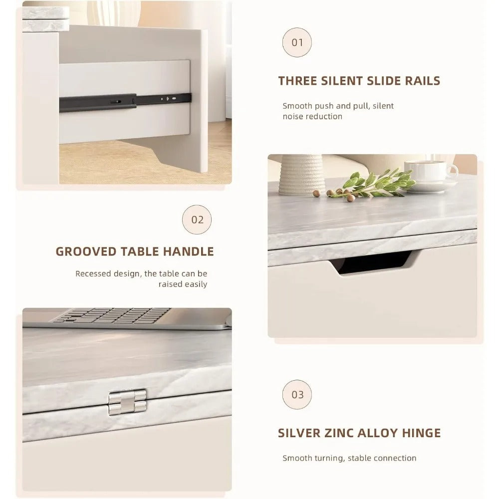 3-in-1 Lift Top Extendable Coffee Table – Hidden Storage, Dining + Workstation in One, Modern White & Grey Center Table