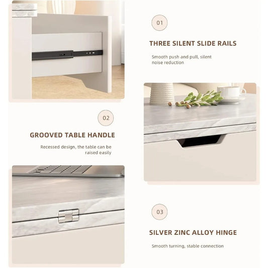 3-in-1 Lift Top Extendable Coffee Table – Hidden Storage, Dining + Workstation in One, Modern White & Grey Center Table