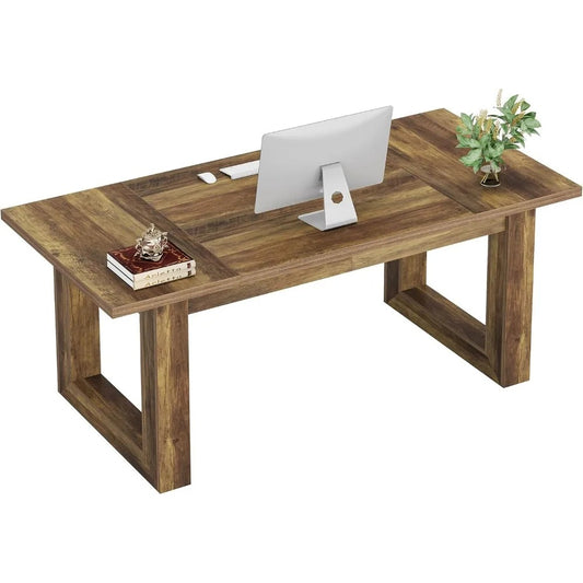 63-Inch Executive Desk – Large Modern Office Desk with Solid Wood Base, Scratch-Resistant Surface & Spacious Workstation (Brown)