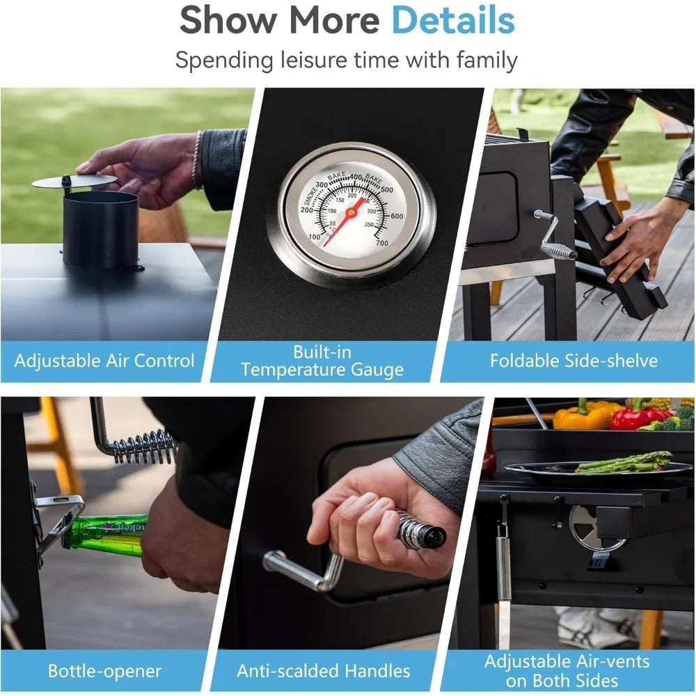 Large Barrel Charcoal Grill with 794 Sq In Cooking Space, Dual Height-Adjustable Pans & Folding Side Tables – Outdoor BBQ Grill with Temp Gauge