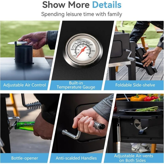 Large Barrel Charcoal Grill with 794 Sq In Cooking Space, Dual Height-Adjustable Pans & Folding Side Tables – Outdoor BBQ Grill with Temp Gauge