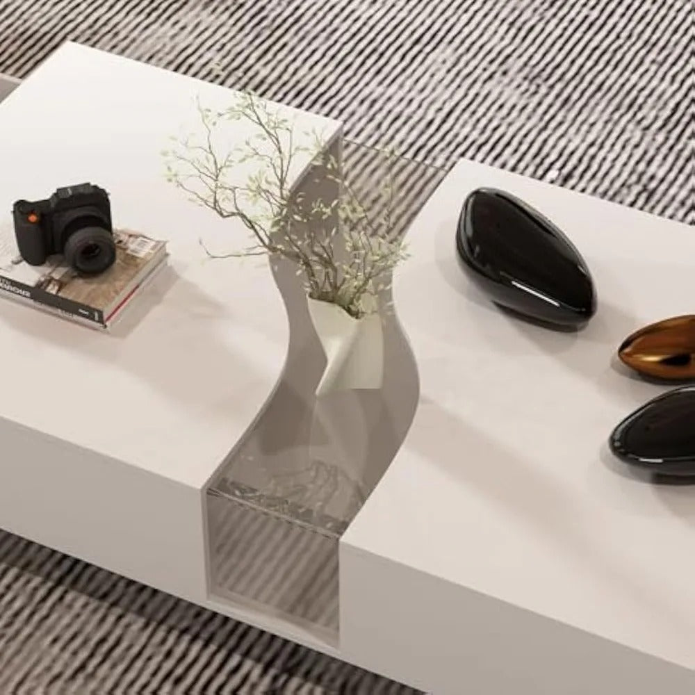 Modern LED Coffee Table with Glass Top – White Center Table with 2 Drawers & Storage for Living Room