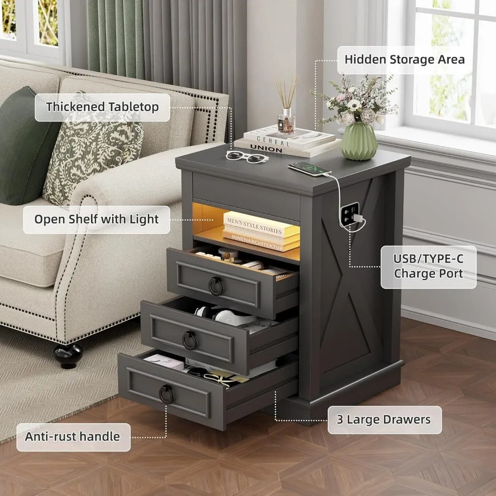 Modern Farmhouse Nightstand with Hidden Gun Drawer, LED Lights & Charging Ports – 3-Drawer Bedside Table with Sensor Lighting