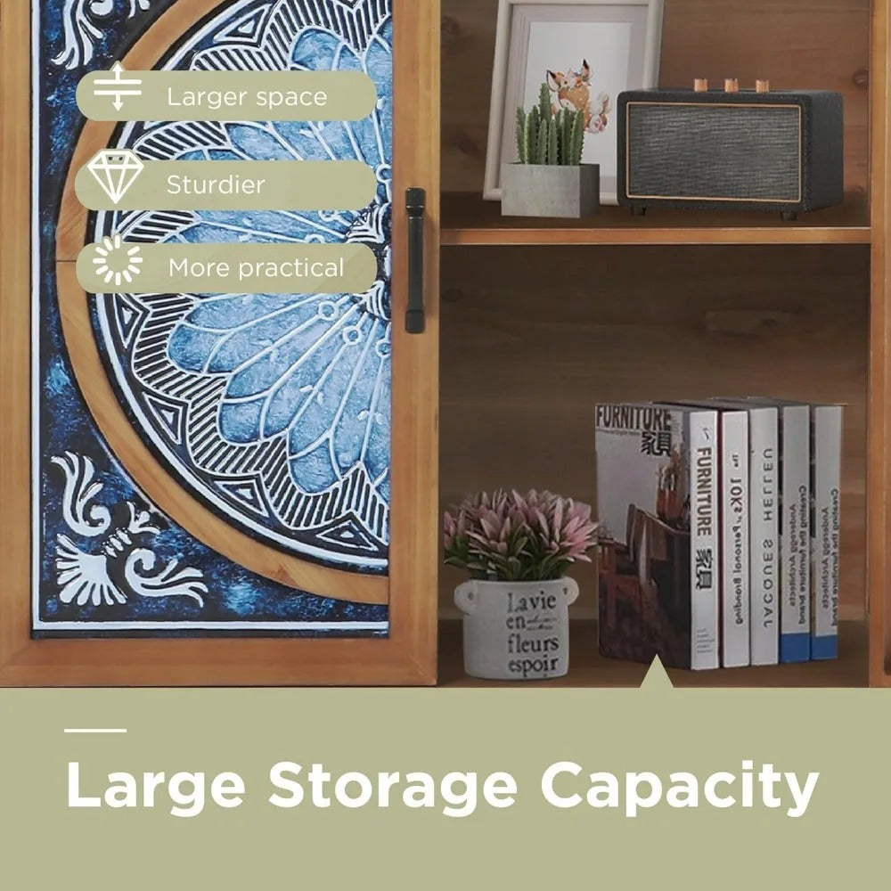 Blue & White 2-Door Accent Cabinet – Distressed Rustic Storage with Porcelain Pattern for Entryway or Living Room