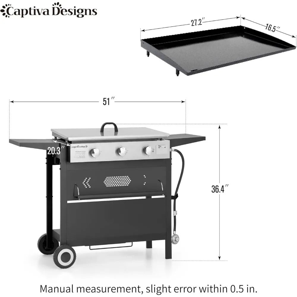 3-Burner 27" Propane Flat Top Griddle Grill with Ceramic Coated Cast Iron Pan – 33,000 BTUs