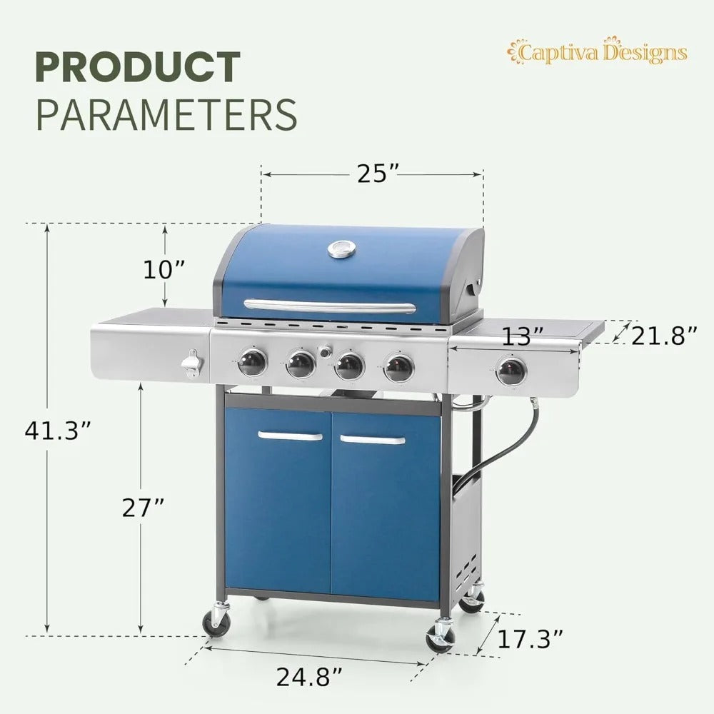 4-Burner Propane Gas BBQ Grill with Side Burner – 42,000 BTU, Porcelain-Enameled Cast Iron Grates, Large Cooking Area & Storage Cabinet, Blue