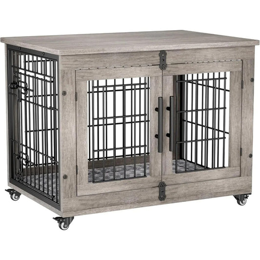 32" Wooden Dog Crate Furniture for Medium Dogs – Indoor Kennel with Cushion, Wheels & Double Doors, End Table Pet Cage