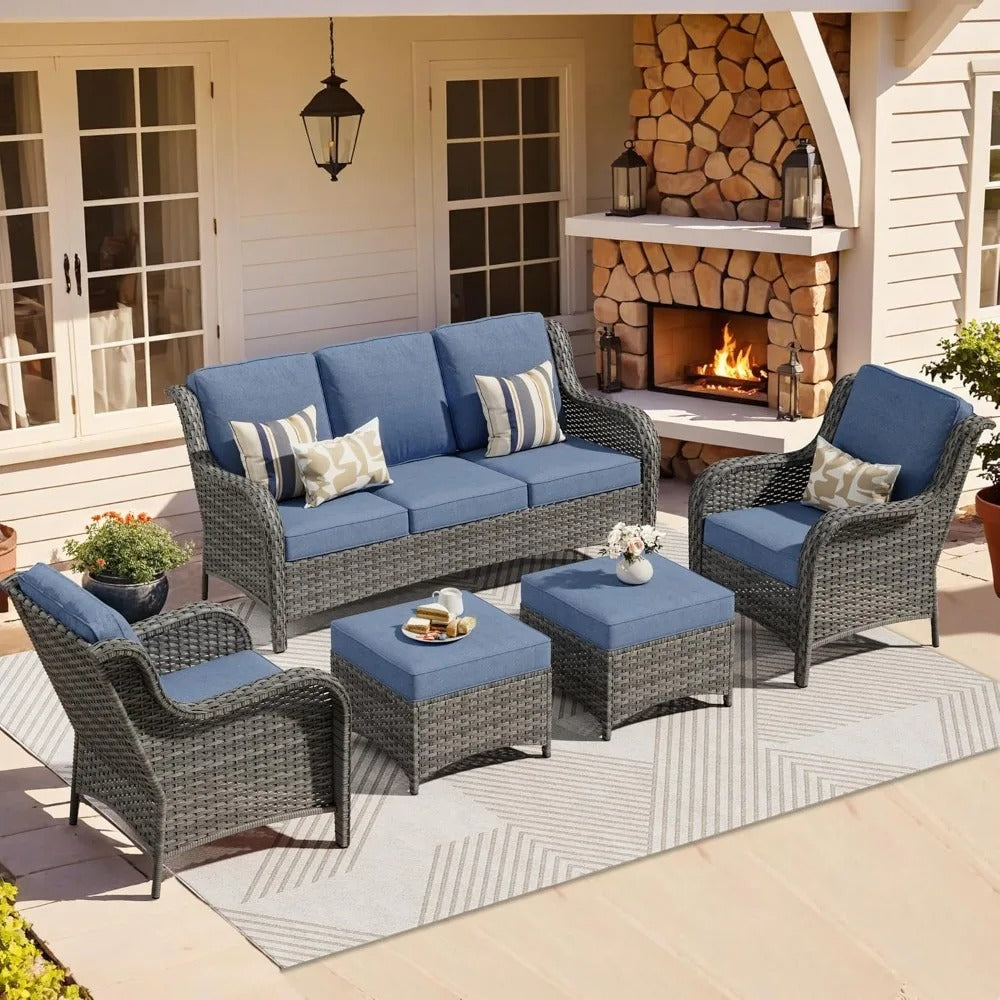 5-Piece Outdoor Wicker Patio Set – High Back Sofa & Ottomans with Navy Cushions, All-Weather Rattan Furniture for Backyard or Porch