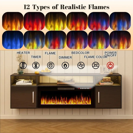 70" Wall-Mounted Floating TV Stand with 36" Electric Fireplace – Modern Entertainment Center with LED Lights & Storage Cabinets