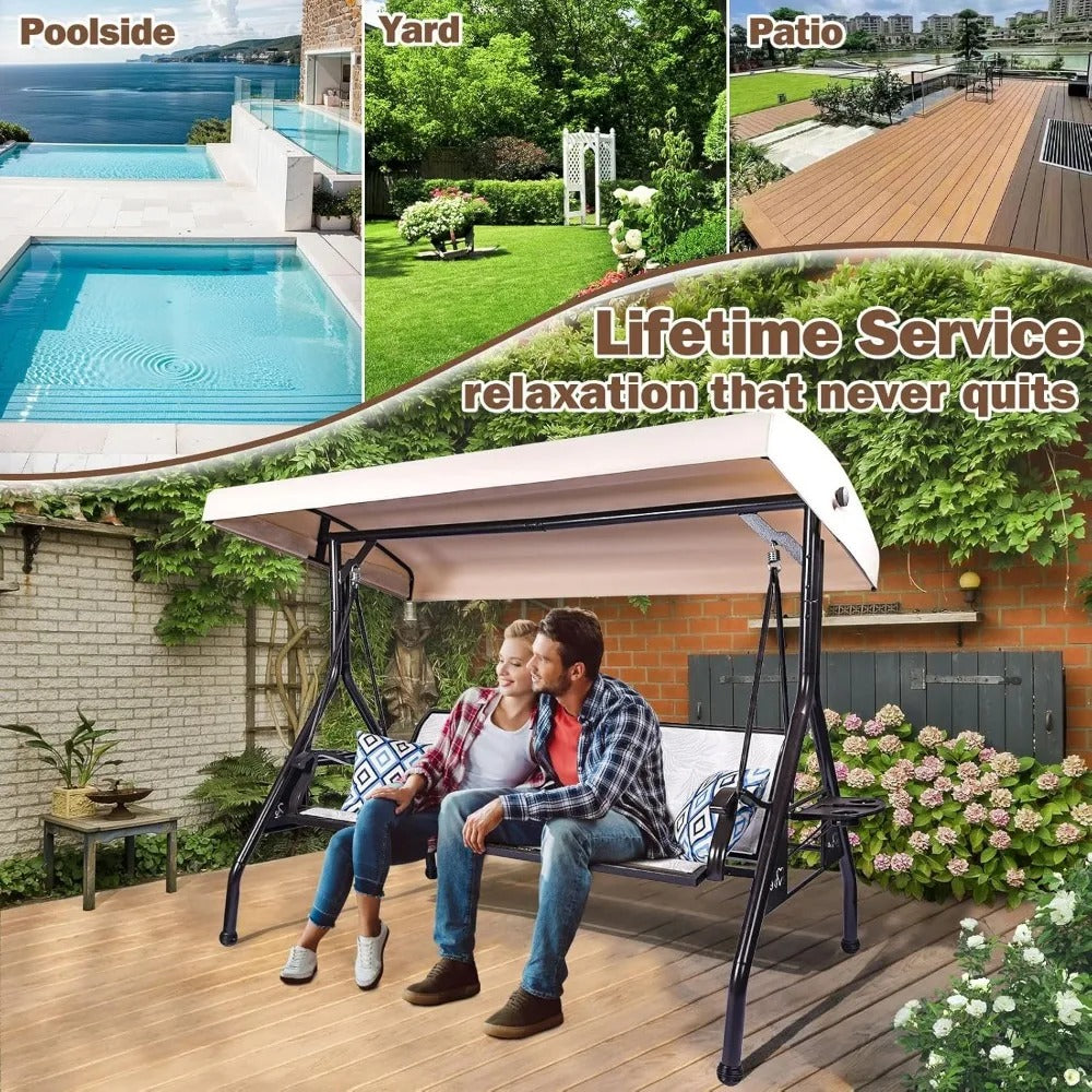 3-Person Outdoor Patio Swing with Adjustable Canopy & Upgraded Cup Holders – Textilene Fabric Porch Swing Chair