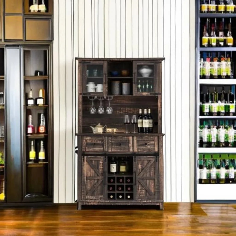 72" Farmhouse Coffee Bar Cabinet with Sliding Barn Door, Wine Glass Racks & Storage Drawers – Rustic Oak Kitchen Sideboard