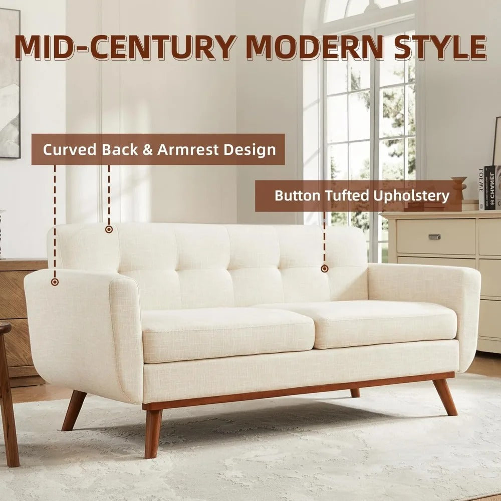 Mid-Century Modern 65" Loveseat Sofa – Tufted Upholstered Couch for Living Room, Beige Fabric with Solid Wood Legs