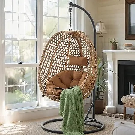 Hanging Egg Swing Chair with Stand & Cushion – Foldable Rattan Basket Lounge for Indoor/Outdoor Relaxation (Khaki Yellow)