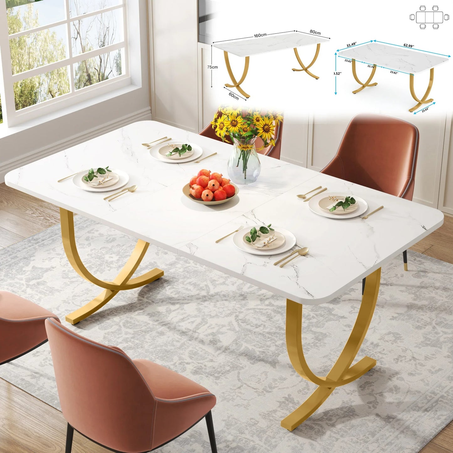 Elegant White Dining Table with Faux Marble Top – Modern Rectangular Table for 4 to 6 People with Gold Metal Legs