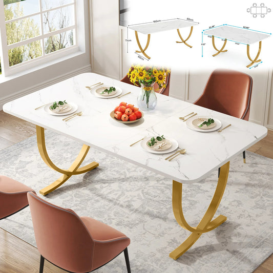 Elegant White Dining Table with Faux Marble Top – Modern Rectangular Table for 4 to 6 People with Gold Metal Legs