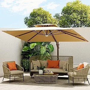 10x13 FT Cantilever Patio Umbrella with LED Lights – Rectangular Offset Umbrella, 360° Rotation, UV-Resistant Canopy, Double Top, Heavy Duty Outdoor Shade