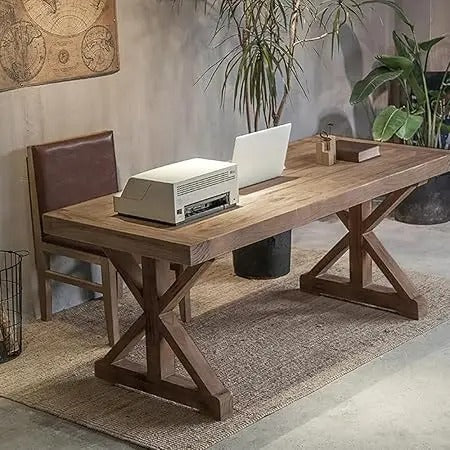 59" Rustic Farmhouse Office Desk – Executive Computer Table with Trestle Base, Natural Wood Finish