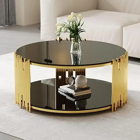 36" Black & Gold Round Glass Coffee Table – Modern 2-Tier Luxury Coffee Table with Tempered Glass and Gold Stainless Steel Frame