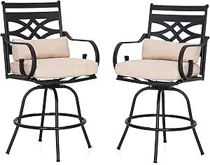 2-Piece Outdoor Swivel Bar Stools with Cushions, Patio Counter-Height Chairs with Armrests & Weather-Resistant Steel Frame