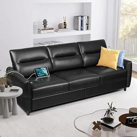 85” Faux Leather Sofa with USB Ports – Mid-Century Modern 3-Seater Couch, Scratch-Resistant Black Leather Sofa for Living Room or Office