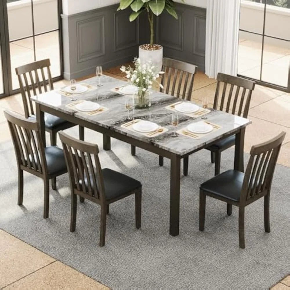 7-Piece Dining Table Set with Faux Marble Top – Includes 6 PU Leather Upholstered Chairs & Solid Wood Frame (Seats 6)