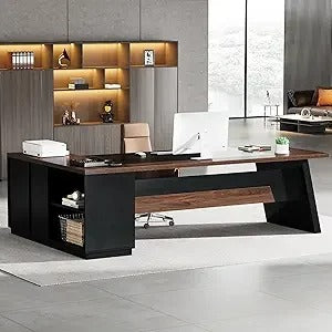 Modern L-Shaped Executive Desk with Drawers & Storage – 78" Walnut Black Office Workstation
