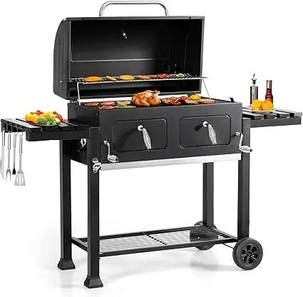 Large Barrel Charcoal Grill with 794 Sq In Cooking Space, Dual Height-Adjustable Pans & Folding Side Tables – Outdoor BBQ Grill with Temp Gauge