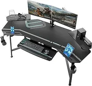 72" Wing-Shaped Gaming Desk with RGB Lights, Monitor Stands, Keyboard Tray & Cup Holder