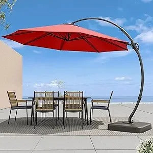 11 FT Cantilever Patio Umbrella with Base – 360° Rotating Offset Umbrella, Heavy-Duty UV & Water-Resistant Fabric, Red