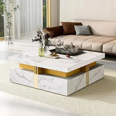 Modern Square Coffee Table with 4 Drawers – White & Gold Center Table with Sliding Top, Puzzle Design & Storage Compartments