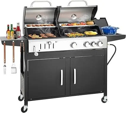 3-Burner Gas & Charcoal Grill Combo with Side Burner, 685 sq.in Cooking Area, 37,000 BTUs, Cast Iron Grates, Built-in Thermometer