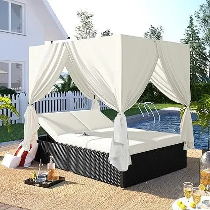 3-Person Outdoor Rattan Daybed with Canopy – Adjustable Patio Sunbed with Cushions & Privacy Curtains, Poolside Lounge Sofa