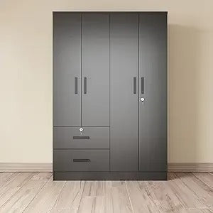 72" Black 4-Door Wardrobe with Lockable Storage, Hanging Rod & 2 Drawers – Modern Closet Organizer