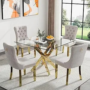 5-Piece Glass Dining Table Set – 35" Square Table with Velvet Upholstered Chairs, Gold Frame, Modern Dining Room Set for 4
