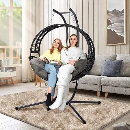 Double Hanging Egg Chair with Stand – Oversized 2-Person Outdoor Swing with Reclining Armrest & Cushions
