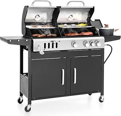 Dual Fuel Gas & Charcoal Grill Combo – 690 Sq.In. BBQ Grill with Side Burner, Porcelain Cast Iron Grates, Removable Grease Tray