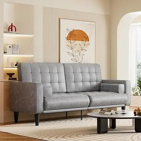 70” Mid-Century Modern Faux Leather Couch – Armless Loveseat with Cushioned Seats for Living Room or Office (Olive Green)