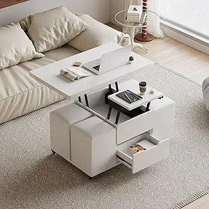3-in-1 White Lift Top Coffee Table with Storage, Folding Dining Table & 4 Hidden Stools on Casters