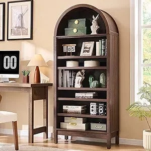 71" Arched 7-Tier Bookshelf – Modern Farmhouse Bookcase with Adjustable Shelves & Wood Storage for Living Room, Hallway, Entryway
