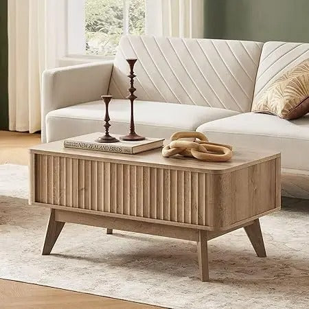 Lift-Top Coffee Table with Hidden Storage – 36" Rectangular Fluted Accent Table, Mid-Century Modern Design in Golden Oak