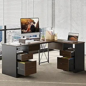 L-Shaped Executive Desk with 4 Drawers – 63" x 47" Corner Desk with File Storage, Monitor Stand & Open Shelves