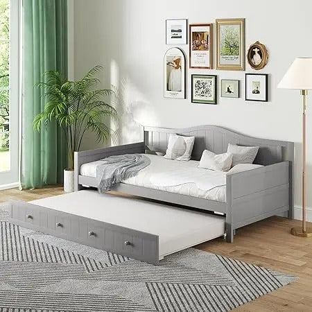 Modern Twin Daybed with Trundle – Solid Wood Frame, Grey Finish, No Box Spring Needed