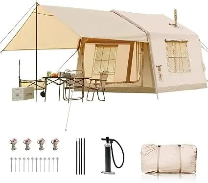 8-Person Inflatable Camping Tent with Stove Jack – Waterproof Blow Up Tent with Pump, Canopy & AC Port, Easy Setup, 4-Season