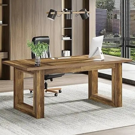 63-Inch Executive Desk – Large Modern Office Desk with Solid Wood Base, Scratch-Resistant Surface & Spacious Workstation (Brown)
