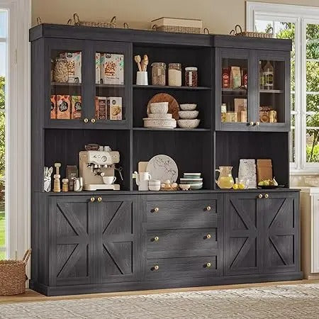71" Tall Farmhouse Storage Cabinet with Glass Doors & Drawers – Modular Bookcase with Countertop & Adjustable Shelves
