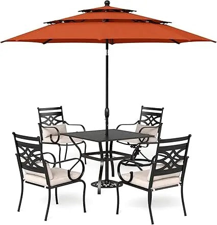 6-Piece Patio Dining Set with 10ft Red Umbrella – Outdoor Table & 4 Cushioned Chairs, Weather-Resistant Steel Frame (No Base)