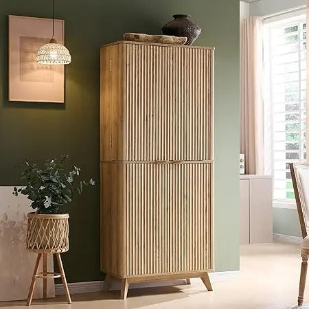 72" Tall Fluted Pantry Cabinet with Adjustable Shelves & Door Racks – Modern Kitchen Storage Organizer with Curved Design, Dual-Zone Doors, Natural Oak