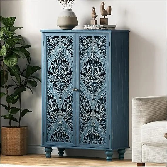 Carved Blue Accent Cabinet with Doors – 47" Farmhouse Storage Cabinet with Solid Wood Legs for Entryway, Bedroom & Living Room